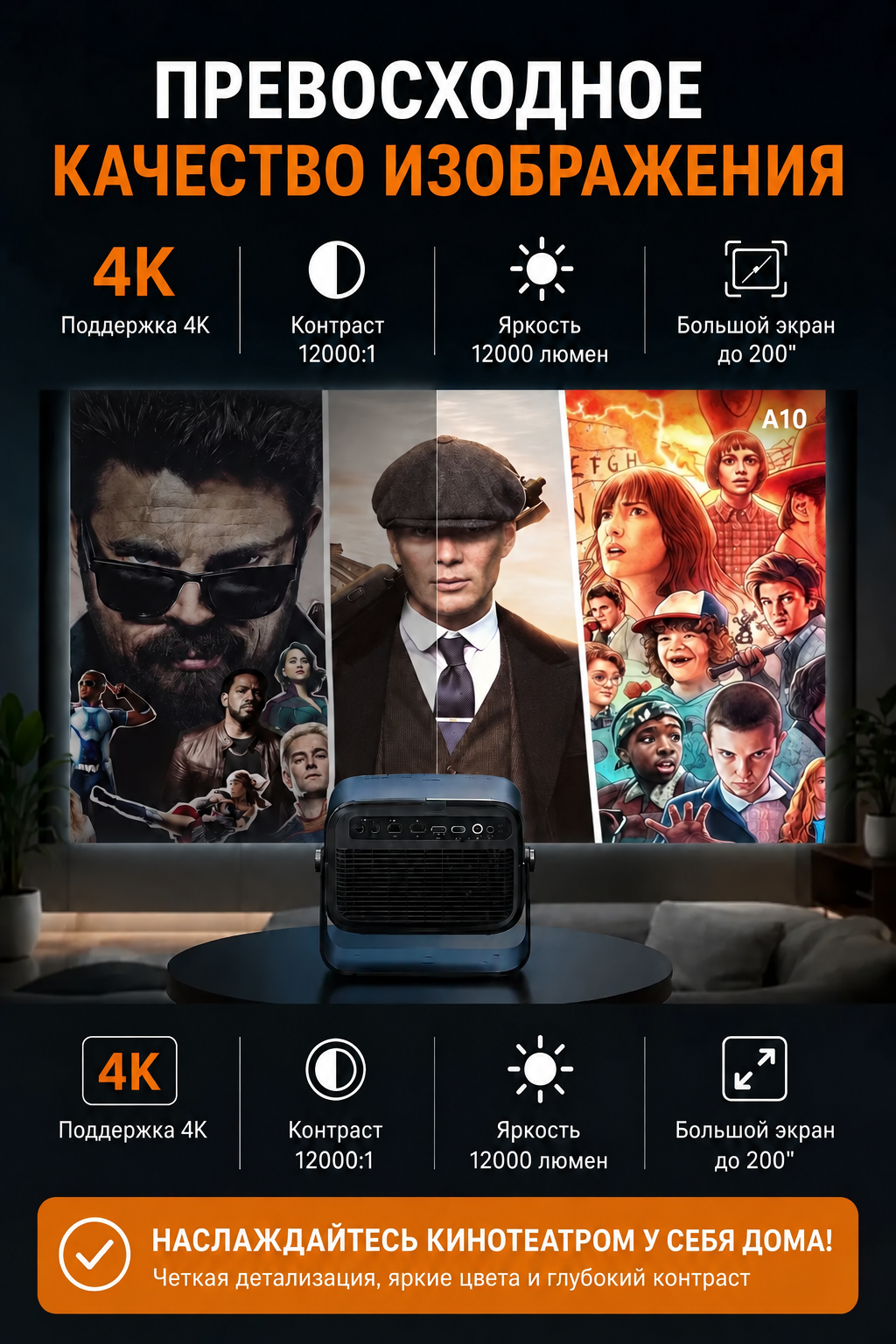 Проектор A10: изображение на экране с коллажем сериалов